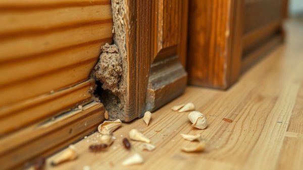 Termite damage on wooden baseboard with shavings showing infestation.