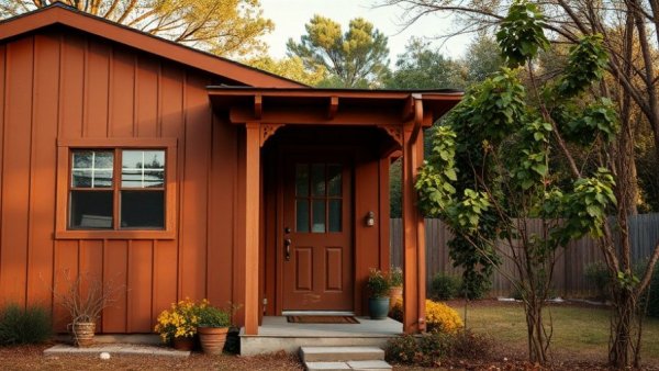 DIY wire trellis for trumpet vines on brown house facade.