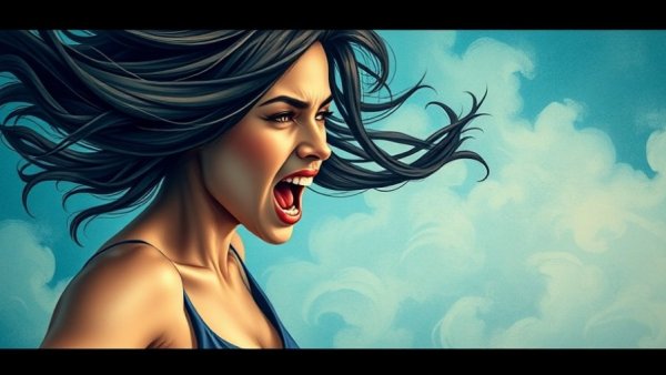 Illustration of a woman expressing emotions with flowing hair.