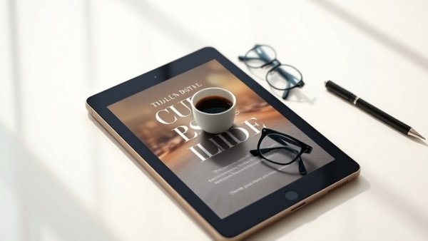 Tablet displaying a minimalist book cover with coffee and glasses.