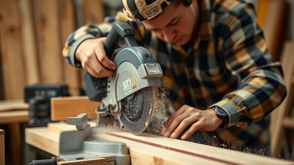 DIY enthusiast cutting wood with miter saw for gaming controller stand.