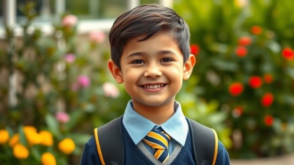 Confident young child ready for school, smiling outdoors.