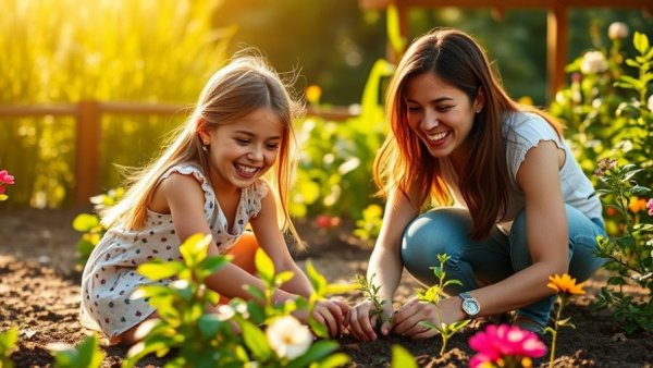 Mother and daughter planting in sunlit garden, Switzerland Ranks #1.