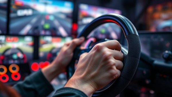 Close-up of sim racing setup with steering wheel in use.