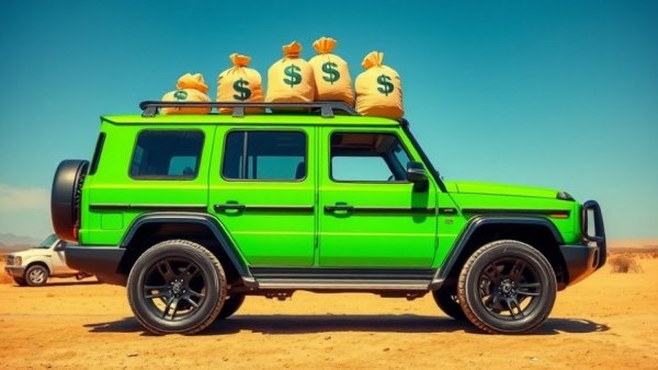 Green SUV with money bags symbolizing Americans Car Debt Crisis.