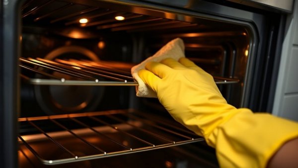 Hand in yellow glove cleaning an oven effectively with a sponge.