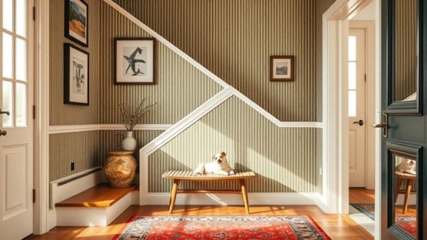 Stylishly decorated stairway entryway with wooden bench and artwork.