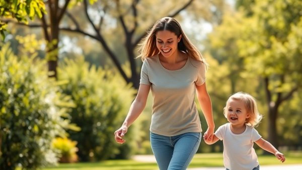 Joyful mother and child walking in sunny park.