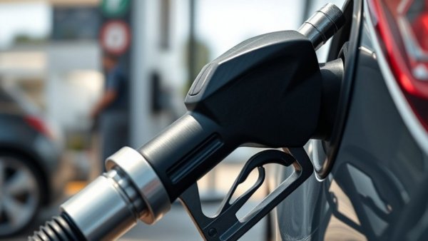 Fuel nozzle inserted into car at gas station, automotive road trips.
