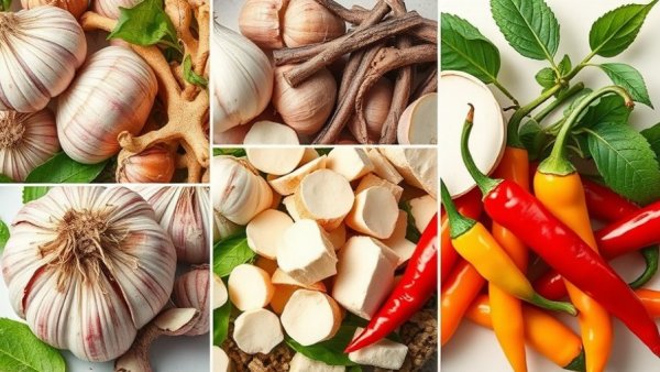 Vibrant herb collage; garlic, licorice, ginger, marshmallow, chilies.