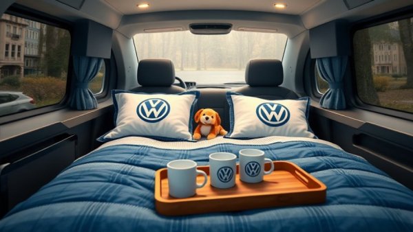 Cozy interior of 2027 Volkswagen ID. Buzz camper with plush bedding and mugs.