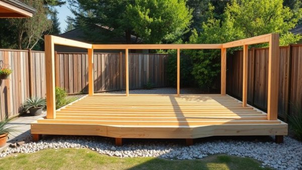 Unfinished deck frame for father-son DIY deck projects in backyard