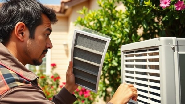 Technician inspecting AC filter outdoors to improve indoor air quality.