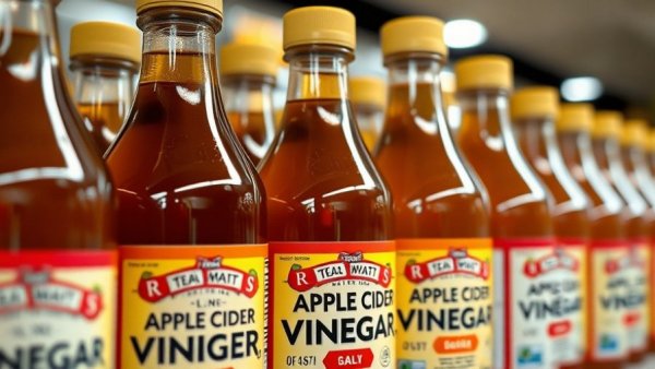 Close-up of Heinz apple cider vinegar bottles with detailed labels