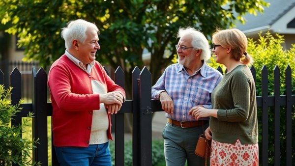 New neighbors meeting at a fence in a suburban garden.
