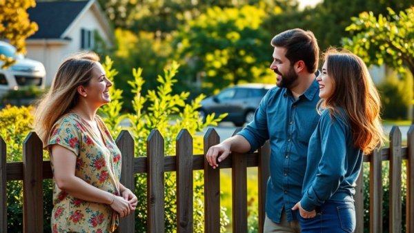 Friendly neighbors meeting and chatting at a fence.