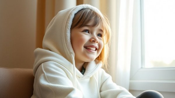 Smiling girl daydreaming by a window, transition to secondary school.