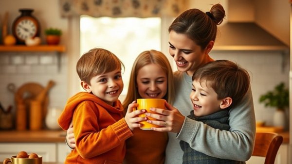 Family moment in cozy kitchen, mother with children, holding yellow mug.