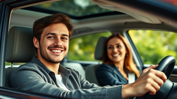 Young man driving safely with a passenger in daylight.