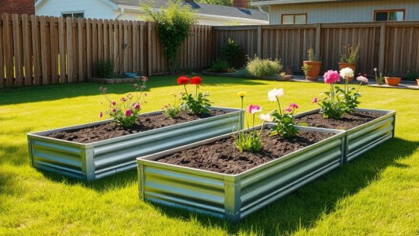Metal raised garden beds filled with plants in backyard.