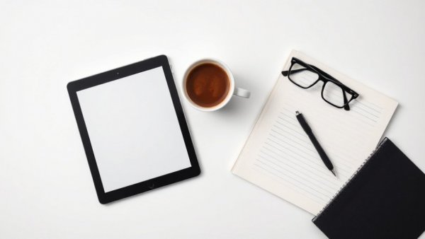 Tablet displaying ebook cover with coffee and glasses.