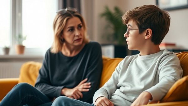 Concerned mother talking to determined child, indoor setting