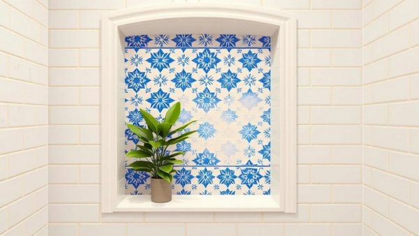 2026 design trends: modern bathroom niche with blue patterned tiles.