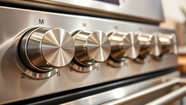 Clean oven knobs on stainless steel appliance, kitchen setting.