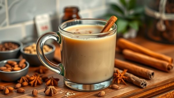 Kava Chai Moon Milk in a glass mug with spices for sleep support.