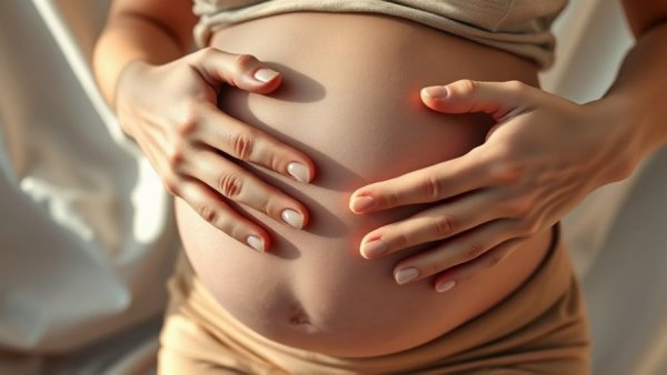 Pregnant woman gently touching belly, questioning human mating season.