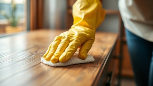 Hands cleaning grease off wood furniture with cloth and gloves.
