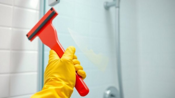 Removing hard water stains with squeegee on glass shower doors.