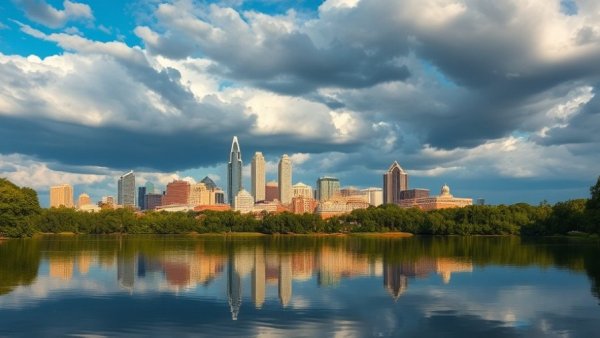Atlanta skyline reflecting in lake under cloudy sky.