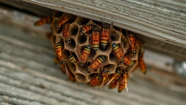 Wasp nest under wooden beam with active wasps, controlling wasp presence.