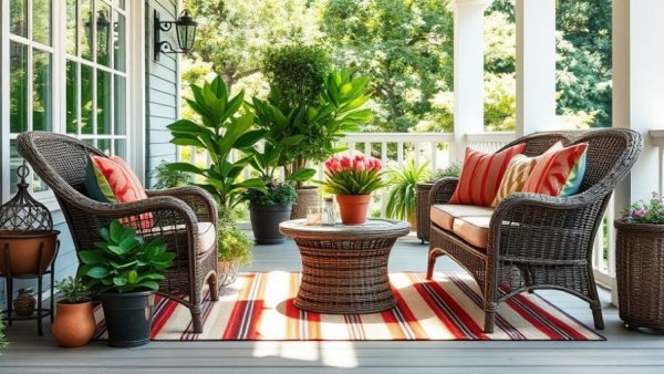 Inviting wicker patio set on striped rug with vibrant cushions and plants.