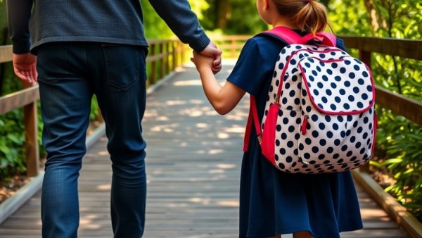 Child holding parent's hand at school drop-off, conveying separation anxiety.