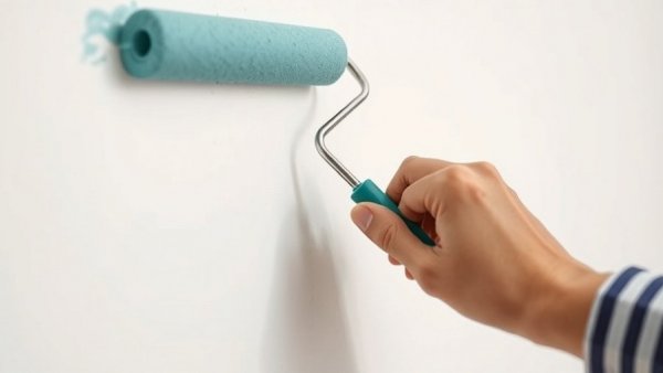 Close-up of paint roller applying teal paint on wall