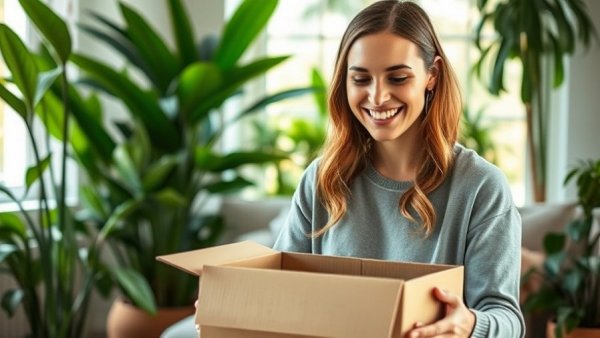 Cheerful woman unboxing a package, Life-Changing Purchases Under $10.