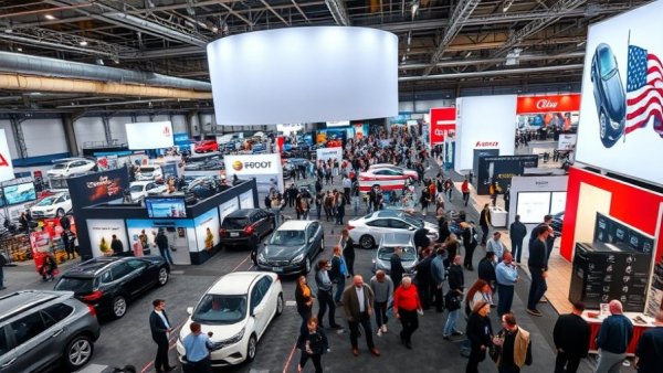 Auto repair trade show with crowds and exhibits from above.