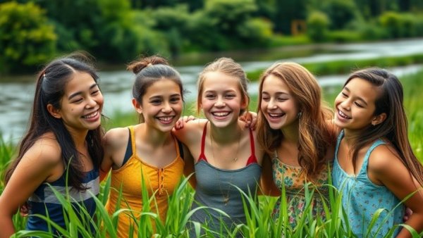 Group of happy kids discussing the no sleepover rule in nature