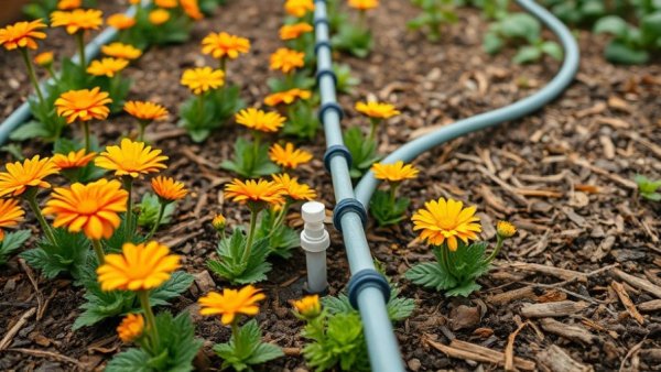 Drip irrigation for raised garden beds with colorful flowers.