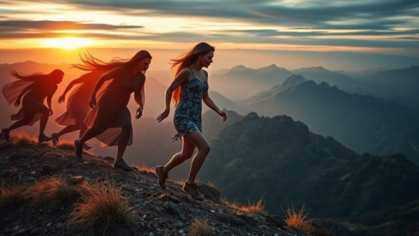 Woman overcoming self-sabotage by ascending a hill at sunrise.
