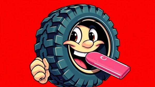 Quirky cartoon character with tire face holding popsicle in pop art style.