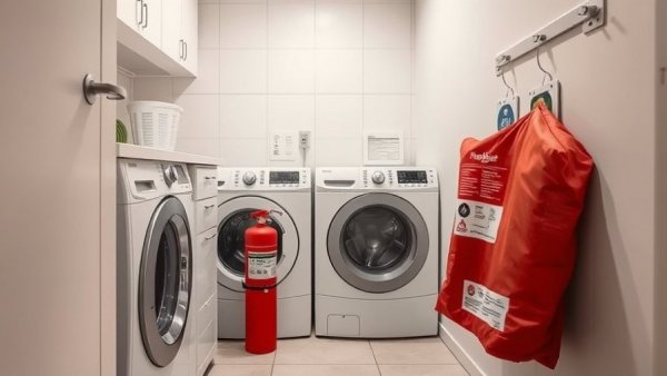 Laundry room fire safety tips: fire extinguisher and blanket placement.