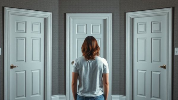 Indecisive young woman choosing among identical doors. Choosing the Right Contractor concept.