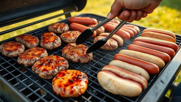 Juicy burgers and hot dogs grilling for summer cookouts.