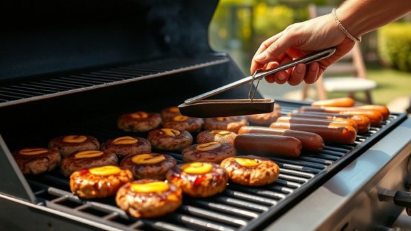Outdoor grilling with burgers and hot dogs on the barbecue