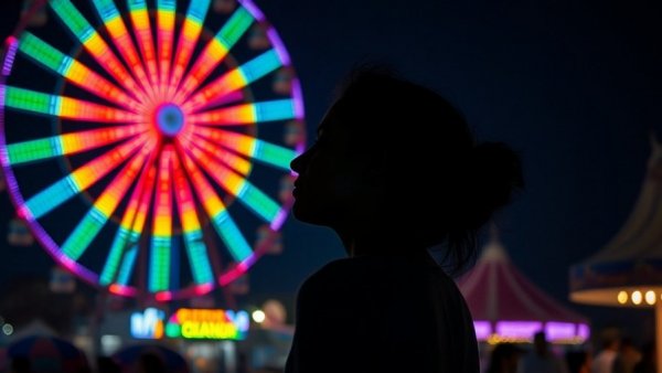 Silhouetted woman meditating with colorful Ferris wheel lights.