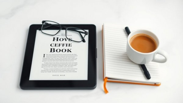 Tablet displaying book cover on habits, with coffee and glasses.