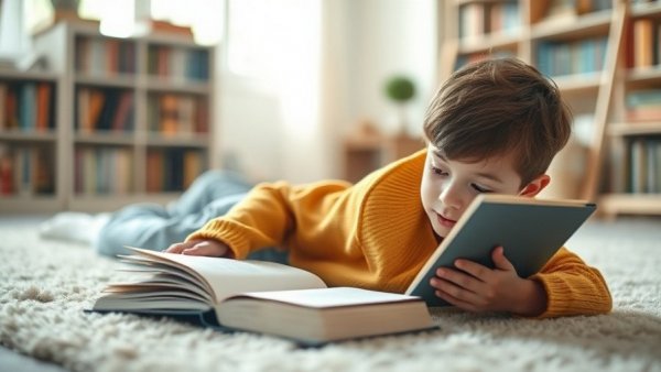 Encouraging kids to read: boy engrossed in a book on the carpet.